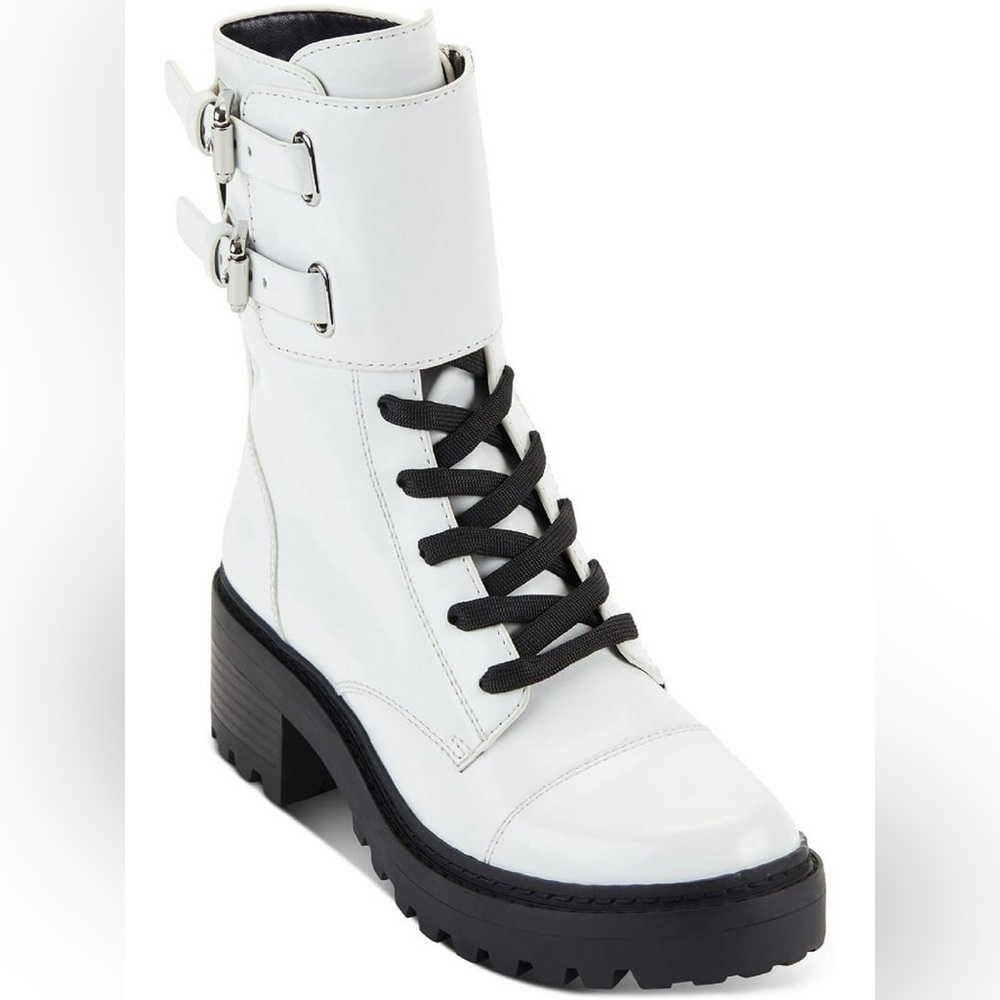 NWOB DKNY Bart Patent Buckle Combat & Laceup Boots - White $189 MSRP